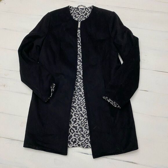 Betsy Johnson Black Snow Leopard Print Reversible Coat Wool Blend Women's Large - Picture 2 of 13